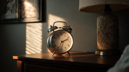 Morning sunlight falling onto an analog alarm clock with ring bells and lamp on a wooden nightstand. Concept of waking up reminder and time management, timekeeping.