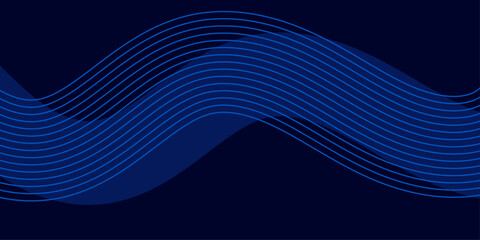 Abstract dark blue background with elegant blue wave lines and fluid geometric shapes, featuring a modern futuristic aesthetic for corporate banners and digital poster