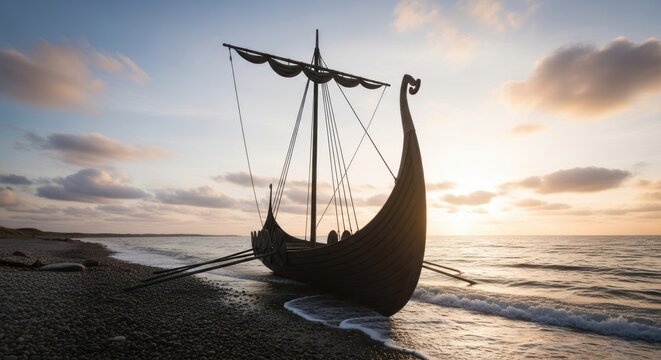 A Viking longboat rests on a pebbled shore under a sunset sky