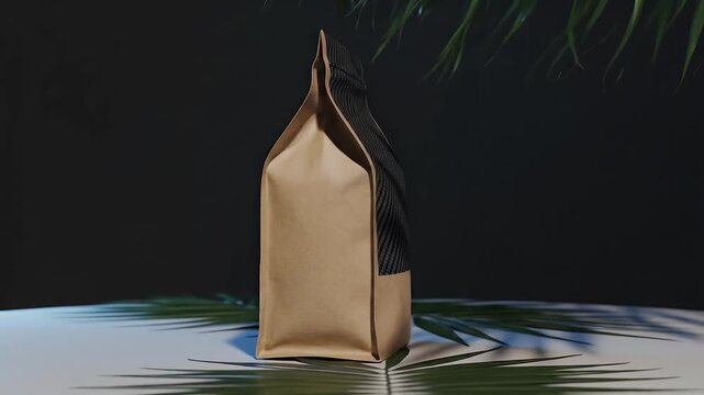 A brown and black stand-up pouch with a clear window, set against a dark background with tropical leaves.
