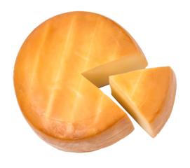 Round smoked cheese wheel with missing slice