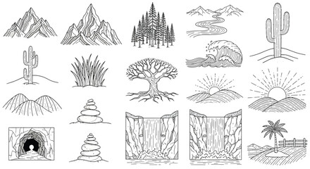 Collection of nature elements isolated on, showcasing mountains, trees, and deserts in a minimalist and elegant style