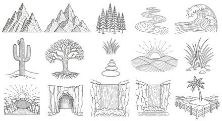 Hand drawn landscape elements set mountain, tree, river, wave, cactus, stone, waterfall, and palm isolated on