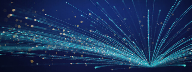 Glowing fiber-optic inspired data flow bursting outward, representing high-speed communication, big data transfer, AI networks, and advanced digital connectivity.  