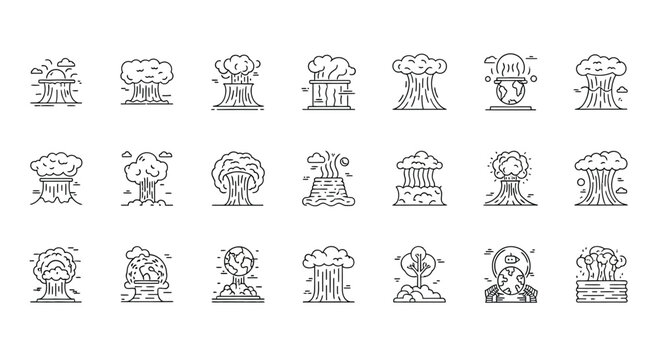 Set of nuclear explosion line icons isolated on contains such icons as mushroom cloud, atomic bomb, radiation and more