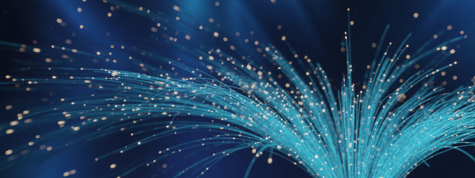 Glowing fiber-optic inspired data flow bursting outward, representing high-speed communication, big data transfer, AI networks, and advanced digital connectivity.   - Powered by Adobe