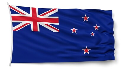 A detailed image of the New Zealand flag waving in the air, with its iconic design featuring stars and the Union Jack