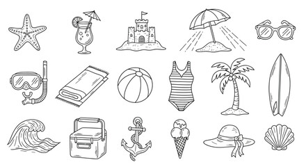 Fototapeta premium Summer outline icon set isolated on collection of linear summer icons beach, vacation, travel, holiday, sea, sun, relax, fun