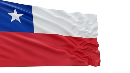 The Chile flag waving in the wind with a white star prominently displayed in the upper left corner. The flag features blue, white, and red stripes. A symbol of patriotism and national pride