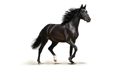 Fototapeta premium A majestic black horse with a bridle running gracefully against a plain white background in a studio shot