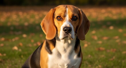 A beagle dog with brown and white fur sitting in a grassy field looking directly at the camera lens