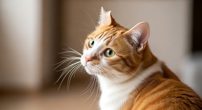 A ginger tabby cat with green eyes looking intently to the left side of the frame indoors at daytime - Powered by Adobe
