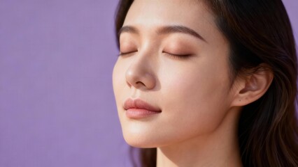 Fototapeta premium Serene young adult Asian female with closed eyes and smooth skin relaxing against vibrant lavender background.