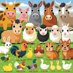 Fototapeta premium Cartoon Farm Animals in Green Field