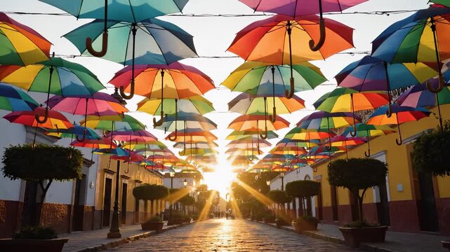 Colorful umbrellas hang overhead in a vibrant street, casting playful shadows on the cobblestone path. The umbrellas and sunlight create a lively atmosphere in the charming scene.