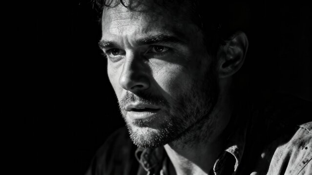High contrast black and white headshot of a serious bearded man intensely lit from the side in deep shadow.