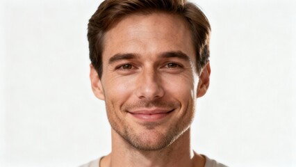 Obraz premium Confident Caucasian man with brown hair and stubble smiling while looking directly into the camera on a white background.