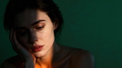 Pensive young adult woman portrait lit by warm side light against a dark emerald green background.