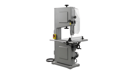 Industrial Vertical Bandsaw Machine in Gray with Control Panel and Cutting Surface