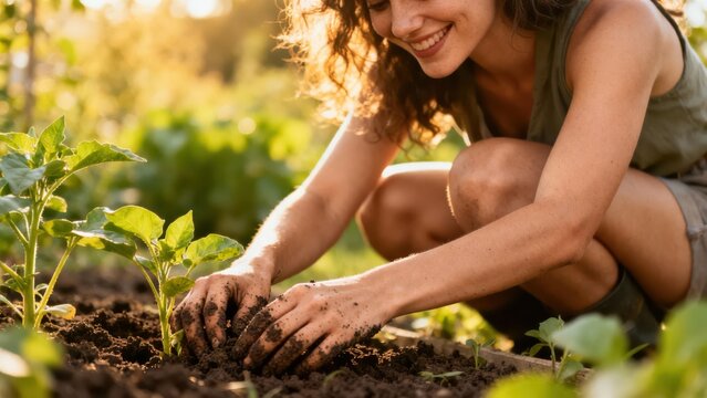 Happy woman crouching, planting small green crop sprouts in dark garden soil using dirty bare hands at sunset.