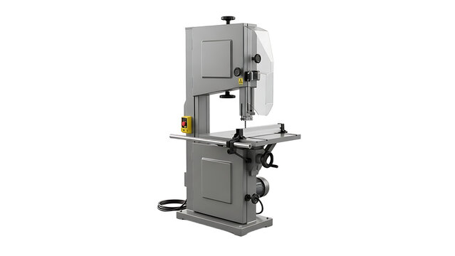 Industrial Vertical Bandsaw Machine in Gray with Control Panel and Cutting Surface