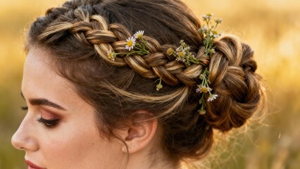 Elaborate braided updo hairstyle adorned with tiny white daisy wildflowers worn by a woman in a golden hour meadow.