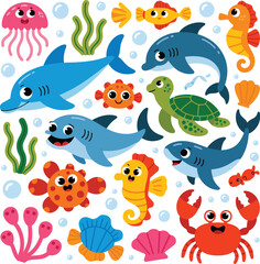 Colorful Sea Creatures Swimming Together Underwater