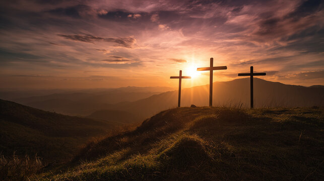 Three wooden crosses silhouetted on a hill at sunset symbolizing faith, hope, and spirituality.