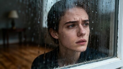 Pensive young adult with dark hair gazing through a glass window pane dramatically streaked with heavy rain droplets.