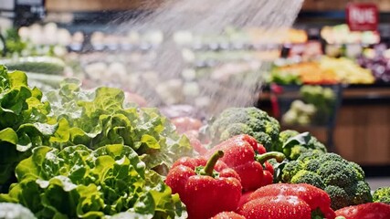 Fresh vegetables being watered in a grocery store - Powered by Adobe