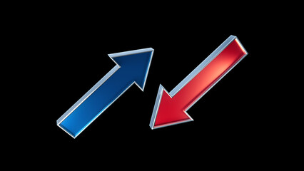 3D Glossy blue up and red down arrow on black background
