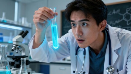 Surprised young Asian scientist in a white lab coat examines a test tube containing glowing cyan liquid inside a professional research laboratory.