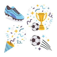 Vector illustration set of a firecracker,soccer ball, trophy cup,boot. Flat design without outlines, bright celebration element for holidays, festivals, parties, events, fireworks and festive decorati