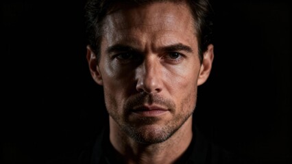 Obraz premium Serious Caucasian adult man with dark hair staring intently at the camera in a dramatic low key portrait.
