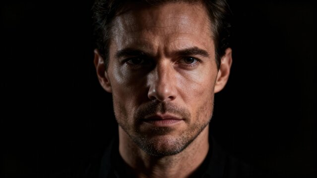 Serious Caucasian adult man with dark hair staring intently at the camera in a dramatic low key  portrait.