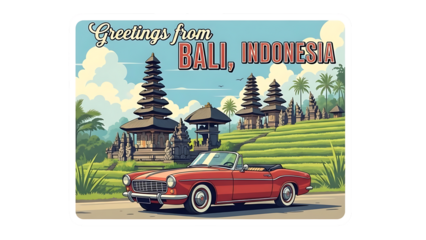 Vintage Red Convertible Car in Bali Indonesia with Traditional Temples and Green Terraced Rice Fields