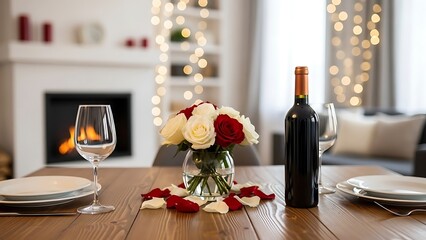 Cozy dinner setting with wine and flowers