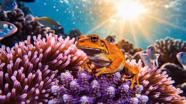 An orange frog rests on vibrant coral, surrounded by colorful sea anemones in clear water. The frog and coral create a dynamic image in this underwater setting full of life.