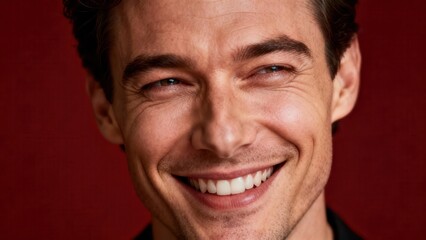 Fototapeta premium Handsome Caucasian man with short dark hair smiling widely revealing bright white teeth on a rich burgundy background.
