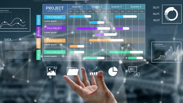 Business project management timeline with digital display of data and charts for quarterly planning and analysis in a futuristic workspace Gluon.