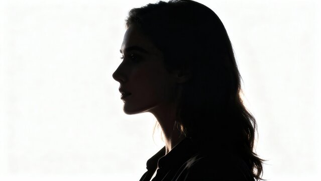 Mysterious young adult woman's profile portrait created using dramatic  backlighting resulting in a high contrast dark silhouette.