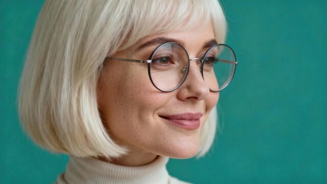 Profile portrait of stylish young adult woman with platinum blonde bob haircut and round wire-rimmed spectacles smiling against vibrant turquoise background.
