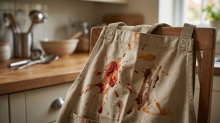Cook&rsquo;s apron stained with sauces in kitchen on wooden table  