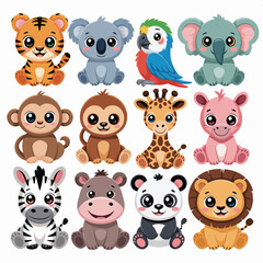 Obraz premium Cute Cartoon Animals on White Background