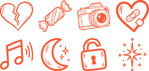 Valentines day hand drawn post stamps doodle sketch style icons