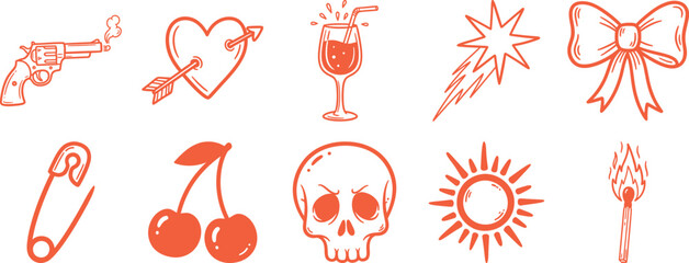 Valentines day hand drawn post stamps doodle sketch style illustrations