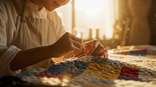 A woman carefully stitches a colorful quilt, showcasing her focused expression in warm light. The quilt and stitching create a peaceful environment, emphasizing her dedication to craft.