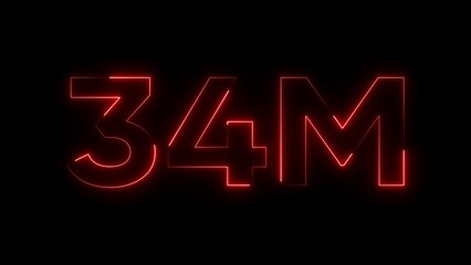 Red neon numbers thirty four million on black background