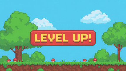 Cartoon pixelated 8 bit arcade video game, button level up achievement, vector summer day retro game nature background 
