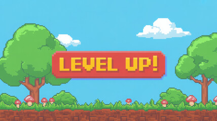 Cartoon pixelated 8 bit arcade video game, button level up achievement, vector summer day retro game nature background 
